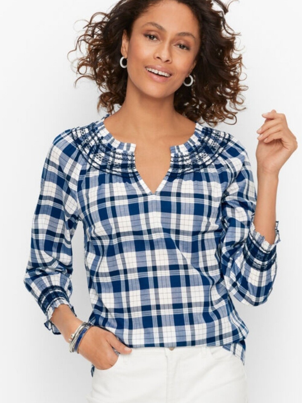 Talbots Blossom Plaid Smocked Blouse Long Sleeve